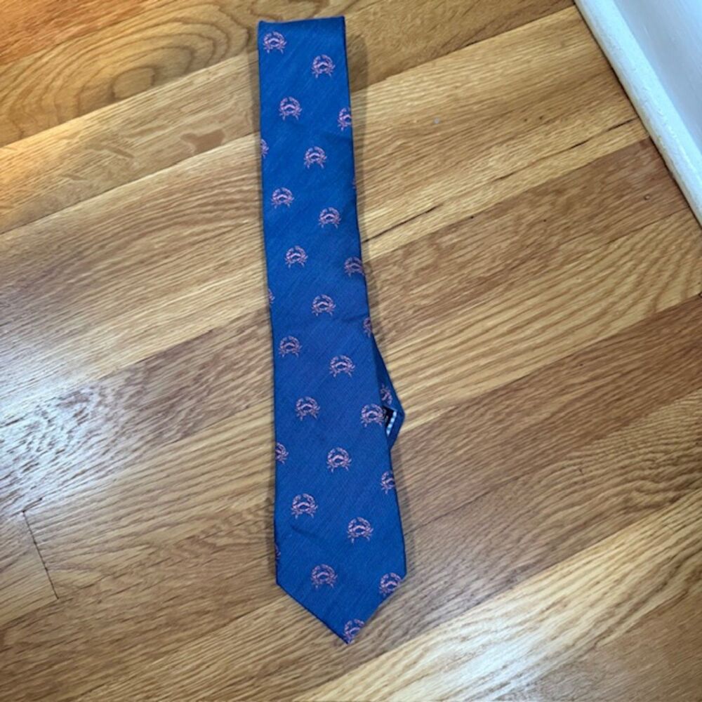 Crown &‎ Ivy Navy Pink Crab Print Silk Blend Necktie Preppy Nautical
